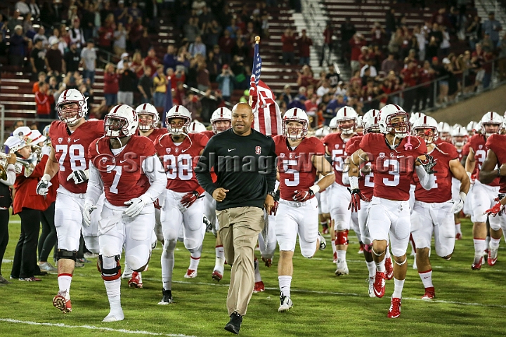 2015StanWash-023.JPG - Oct 24, 2015; Stanford, CA, USA; Stanford Cardinal team takes the field lead by head coach David Shaw for game  against the Washington Huskies at Stanford Stadium. Stanford beat Washington 31-14.